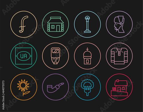 Set line Ukrainian house, Embroidered shirt, Monument of Independence, cossack, Flag Ukraine, Medieval sword, Church tower and icon. Vector