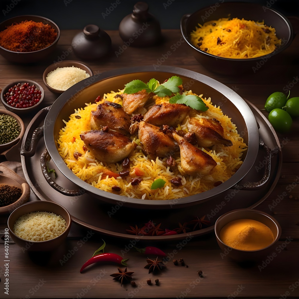 Generative AI image of the Biryani or Briyani, a mixed rice dish from South Asia, made from Indian spices, vegetables, meat and rice