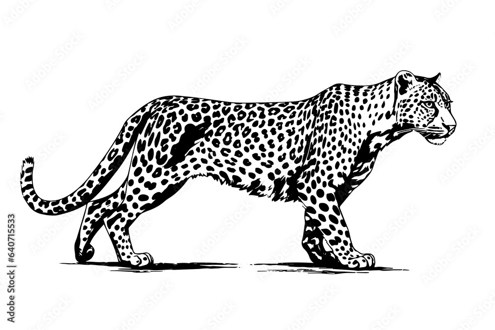 Black and white hand drawn ink sketch of leopard walks. Vector illustration. Black and white hand drawn ink sketch of leopard walks. Vector illustration.
