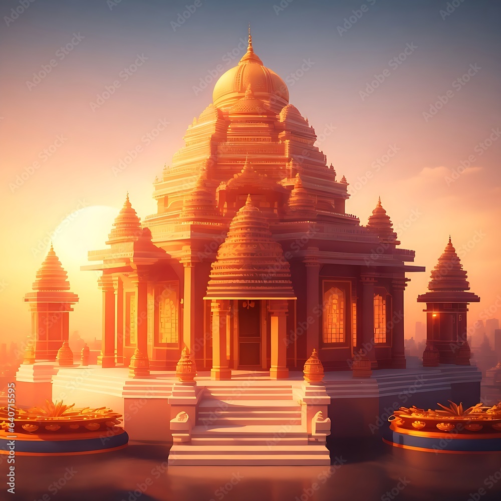 Realistic Hindu temple at sunset, 3D renderings. Computer digital drawing. Stock Photo Adobe Stock