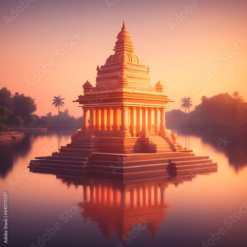 Realistic Hindu temple at sunset  3D renderings. Computer digital drawing. 