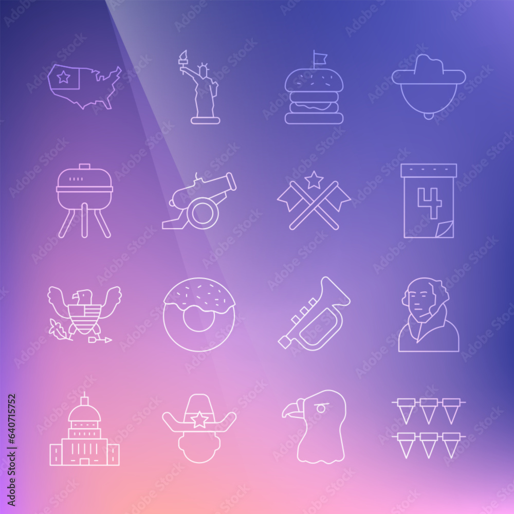 Set line Carnival garland with flags, George Washington, Calendar date July 4, Burger, Cannon, Barbecue grill, USA map and American icon. Vector Set line Carnival garland with flags, George Washington, Calendar date July 4, Burger, Cannon, Barbecue grill, USA map and American icon. Vector