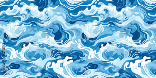 Seamless pattern of blue and white waves. Moving water surface. Waves at sea.