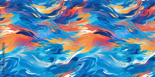 Seamless pattern of blue and orange waves. Moving water surface. Waves at sea.