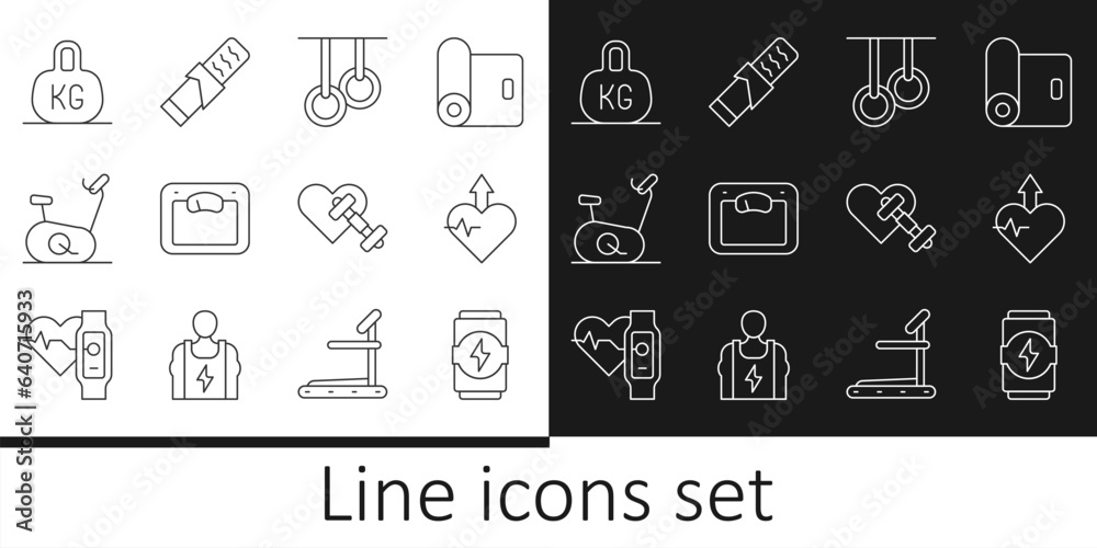 Set line Energy drink, Heartbeat increase, Gymnastic rings, Bathroom scales, Stationary bicycle, Weight, Dumbbell with heart and Protein sport bar icon. Vector