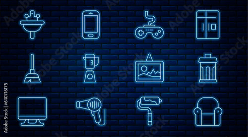 Set line Armchair, Trash can, Gamepad, Blender, Handle broom, Washbasin, Picture and Mobile phone icon. Vector