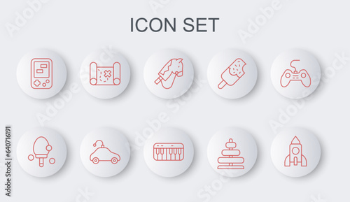 Set line Rocket ship toy, Racket, Toy horse, Pyramid, Tetris electronic game, Pirate treasure map, Radio controlled car and Music synthesizer icon. Vector