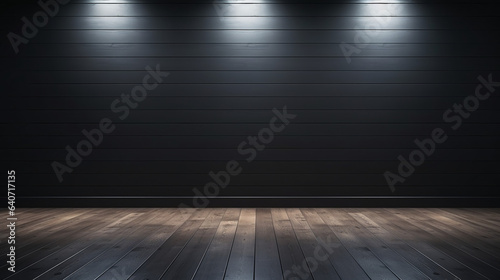 Minimal abstract background with wooden floor and spotlights for product presentation © Muneeb