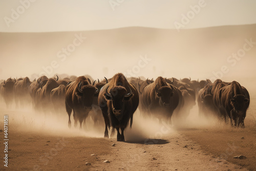 Print op canvas A herd of buffalos running at desert area. Generative AI.