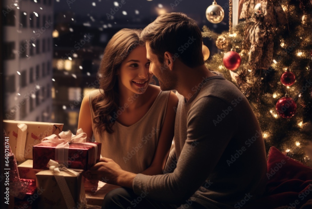 A man and a woman sitting in front of a christmas tree