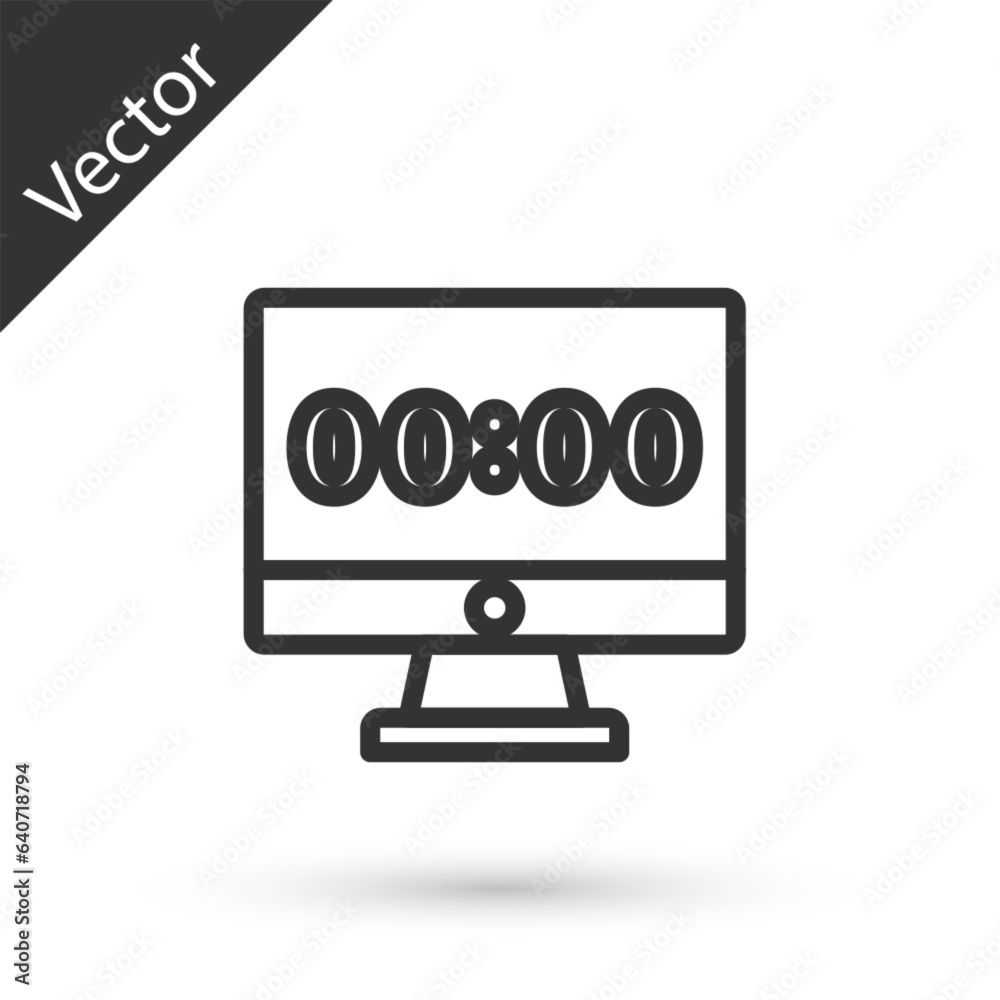 Grey line Clock on computer monitor screen icon isolated on white background. Schedule concepts. Vector Grey line Clock on computer monitor screen icon isolated on white background. Schedule concepts. Vector