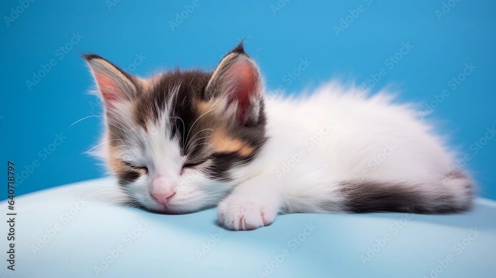 A sleepy calico kitten curled up on a pastel blue cushion with space for text, its serene expression contrasting against the cushion's soft background, ideal for text placement. AI generated.