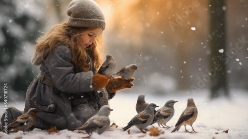 A little girl feeding birds in the snow © Maria Starus