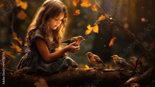 A little girl sitting on a tree branch with birds