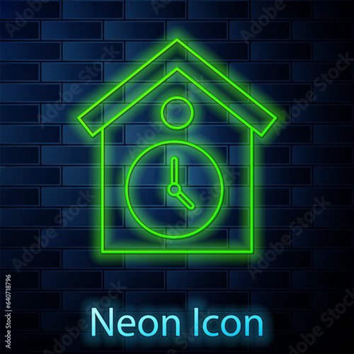 Glowing neon line Retro wall watch icon isolated on brick wall background. Cuckoo clock sign. Antique pendulum clock. Vector