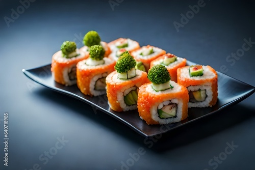 A plate of vibrant vegetable sushi rolls, made with fresh ingredients and served with soy sauce 