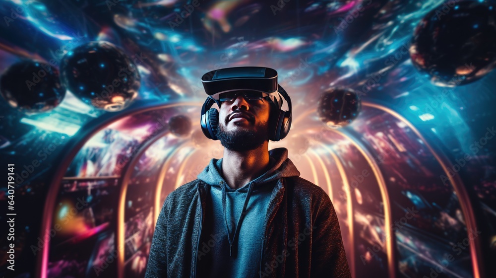 Naklejka premium Young man wearing virtual reality goggles. Future technology and entertainment concept, artificial intelligence concept