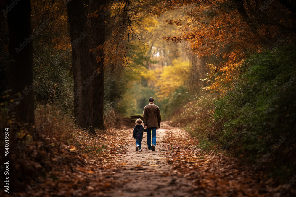 father and son walking on a trail in the woods. Generative AI.