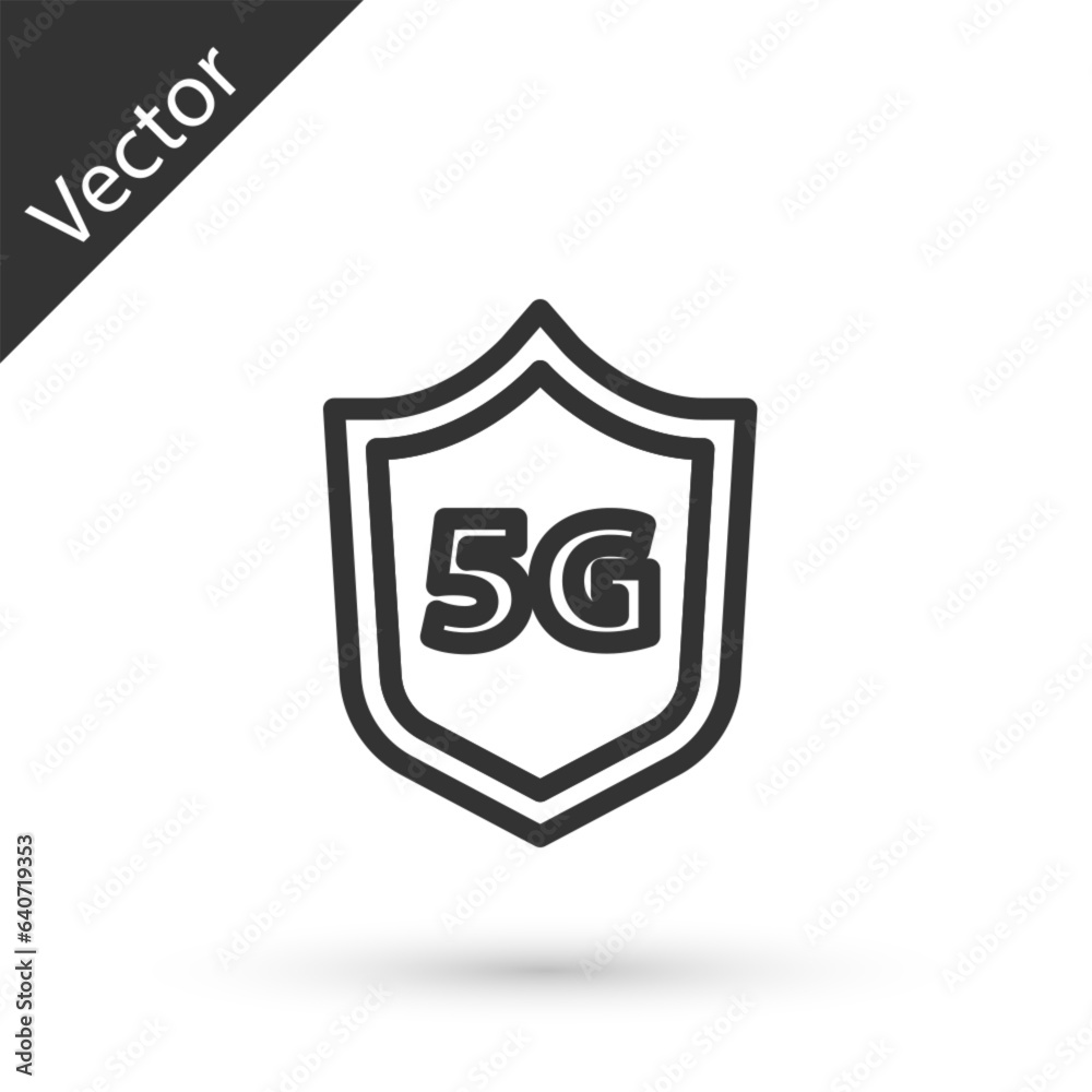Grey line Protective shield 5G wireless internet wifi icon isolated on white background. Global network high speed connection data rate technology. Vector Grey line Protective shield 5G wireless internet wifi icon isolated on white background. Global network high speed connection data rate technology. Vector