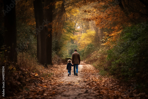 father and son walking on a trail in the woods. Generative AI. © Aimages