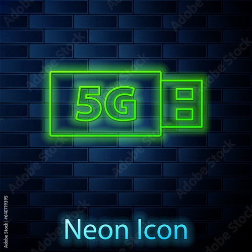 Glowing neon line 5G modem for fast mobile Internet icon isolated on brick wall background. Global network high speed connection data rate technology. Vector