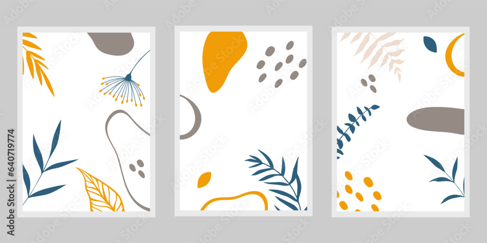 Botanical wall art vector set. Autumn tone boho foliage line art drawing with abstract shape. Abstract Plant Art design for print, cover, wallpaper, Minimal and natural wall art.