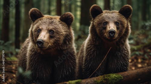 Two young brown bear cub in the forest. Portrait of brown bear, animal in the nature habitat. Wildlife scene from Europe. Cub of brown bear without mother. © Matthew