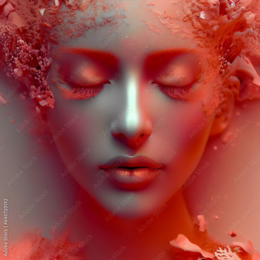 Color Concept of Living Coral · Portrait of a Woman with Organic Forms in Serene Mood