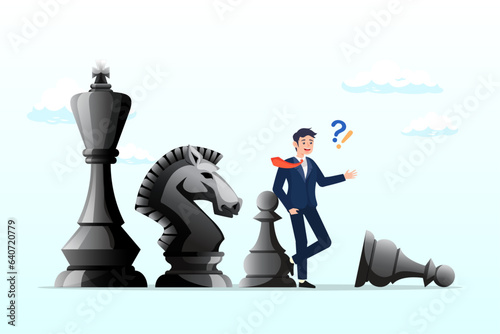 Contemplation businessman thinking with chess pieces, strategic thinking to win business competition, marketing strategy or planning to make decisions, challenge or problem solving (Vector)