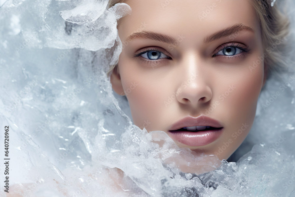 Icy and elemental beauty portrait against a frozen backdrop. The captivating winter beauty is accentuated by the cold and serene ambiance. Icy and elemental beauty portrait against a frozen backdrop. The captivating winter beauty is accentuated by the cold and serene ambiance.
