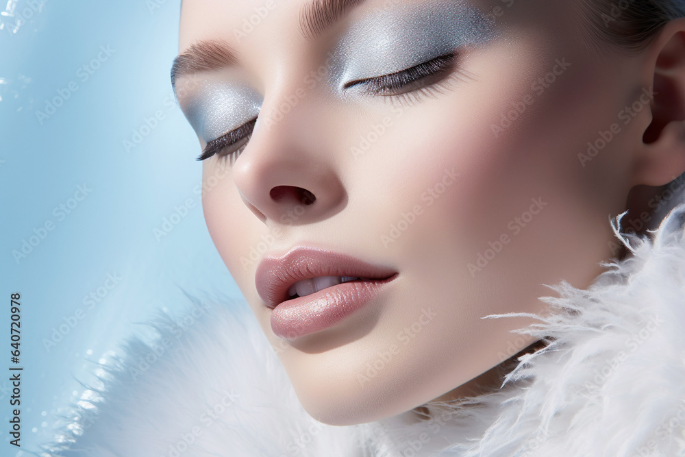 Surreal winter beauty captured in an enchanting portrait. Dreamy closed eyes against an icy blue background with an ethereal touch.