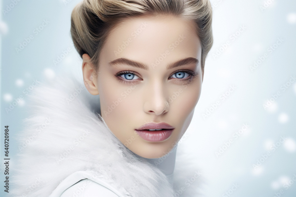 Sparkling winter beauty showcased in a chic portrait. Shiny blue coat against a cold background, creating a luxurious and stylish look. Sparkling winter beauty showcased in a chic portrait. Shiny blue coat against a cold background, creating a luxurious and stylish look.