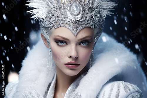 Royal and fantasy-inspired winter beauty. Silver-crowned ice queen with a regal appearance and shiny snowy accents.