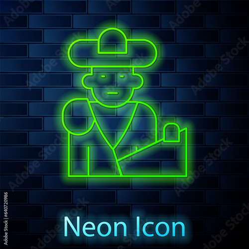 Glowing neon line Spain bullfight, matador icon isolated on brick wall background. Traditional Spanish entertainment. Vector