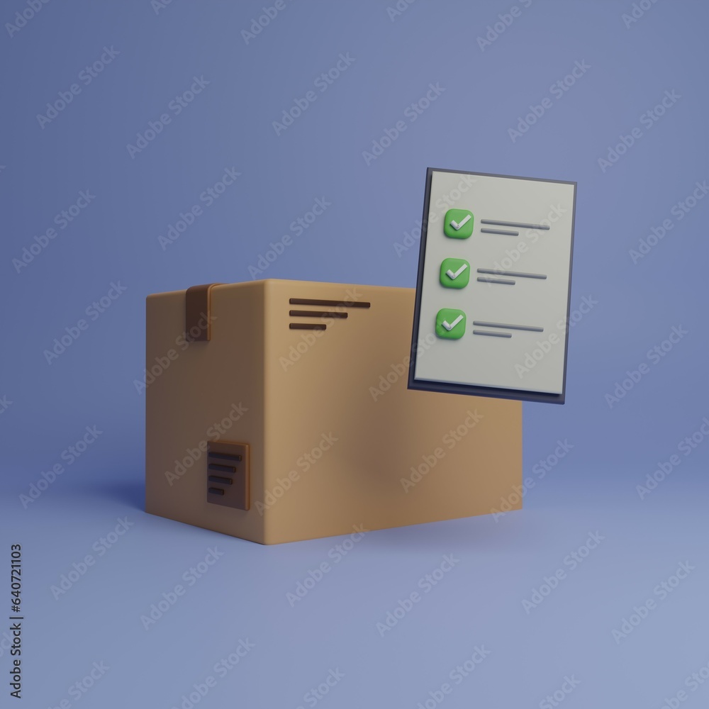Obraz premium Delivery carton box 3d illustration on a blue background with checklist