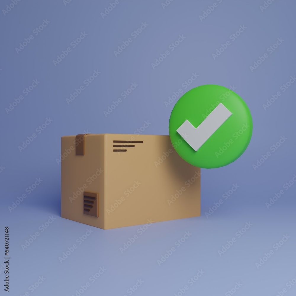 Fototapeta premium Delivery carton box 3d illustration on a blue background with green check mark