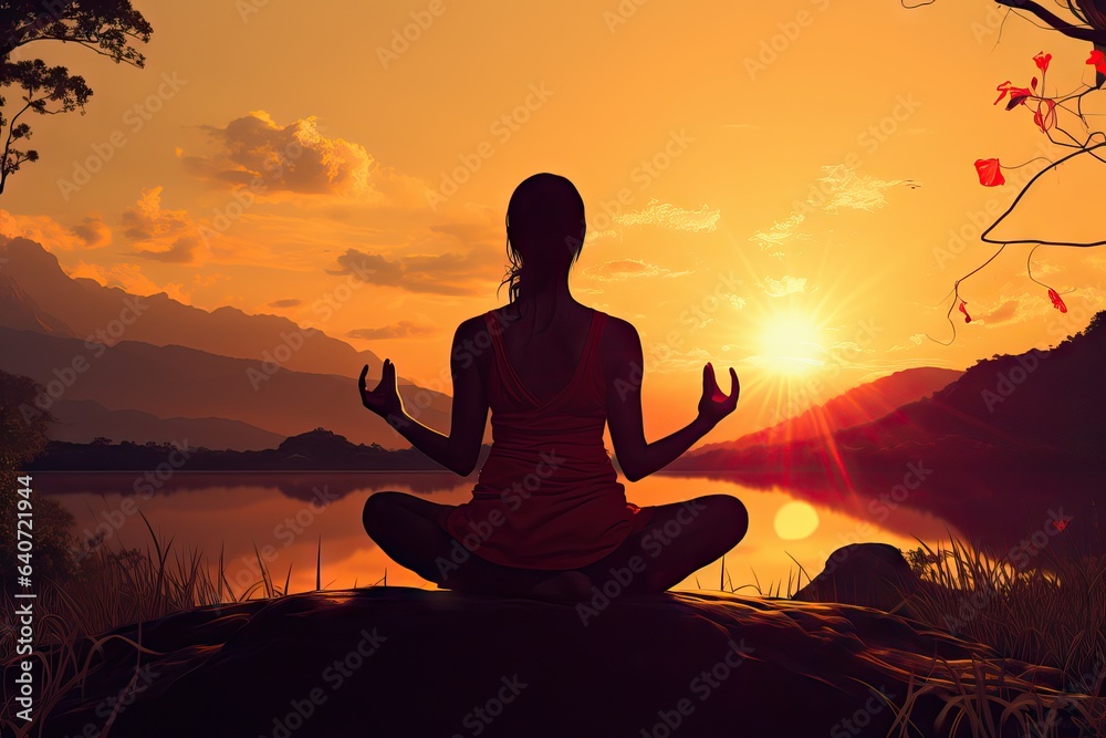 yoga athletic young meadow silhouette sunset practicing woman