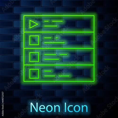 Glowing neon line Music playlist icon isolated on brick wall background. Vector
