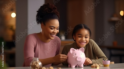 financial education. african american family, mother and child daughter with pig piggy bank counting savings at home