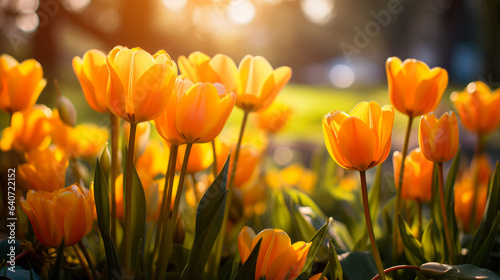 Beautiful delicate isolated soft yellow tulips flowers under diffused morning light - GENERATIVE AI