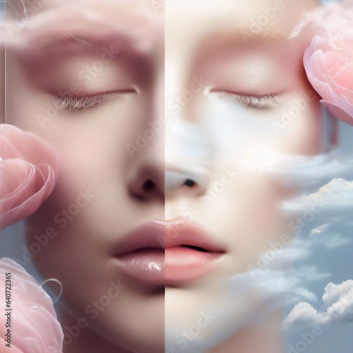 Sleeping Face of a Woman with Natural Makeup · Rose Quartz & Serenity Blue · Beauty Concept of Soft Air
