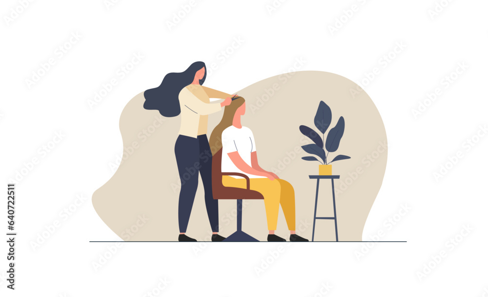 Women's hair salon. A professional hairdresser makes a beautiful hairstyle for a young girl. The concept of a beauty salon, hair care. Vector illustration