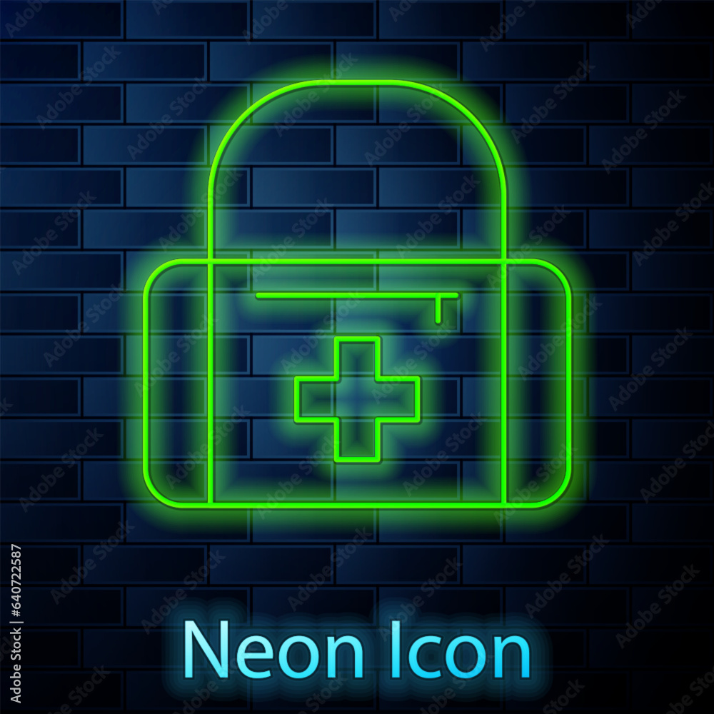 Glowing neon line First aid kit icon isolated on brick wall background. Medical box with cross. Medical equipment for emergency. Healthcare concept. Vector Glowing neon line First aid kit icon isolated on brick wall background. Medical box with cross. Medical equipment for emergency. Healthcare concept. Vector