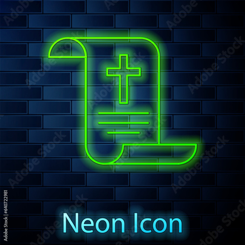 Glowing neon line Decree, paper, parchment, scroll icon icon isolated on brick wall background. Chinese scroll. Vector