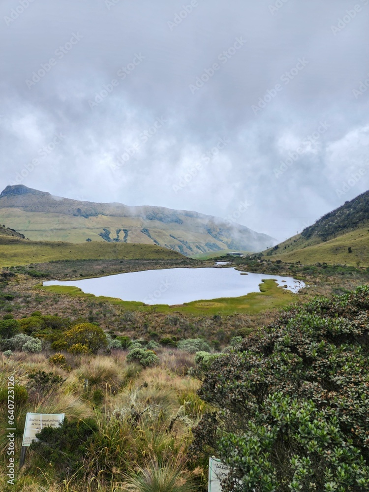 Landscape with birds and termal hot pools in Termales del Ruiz, Villamaria, Caldas, Colombia near Manizales, Caldas