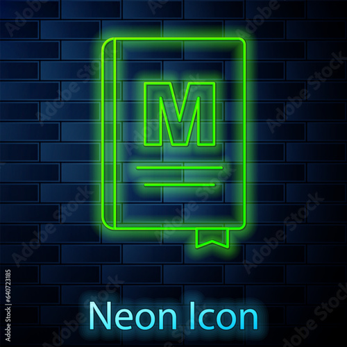 Glowing neon line Restaurant cafe menu icon isolated on brick wall background. Vector