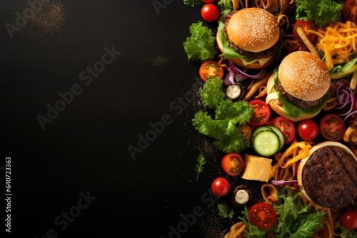 Fast food on wooden background with copy spase. Top view of delicious cheeseburgers with french fries and fresh vegetables.