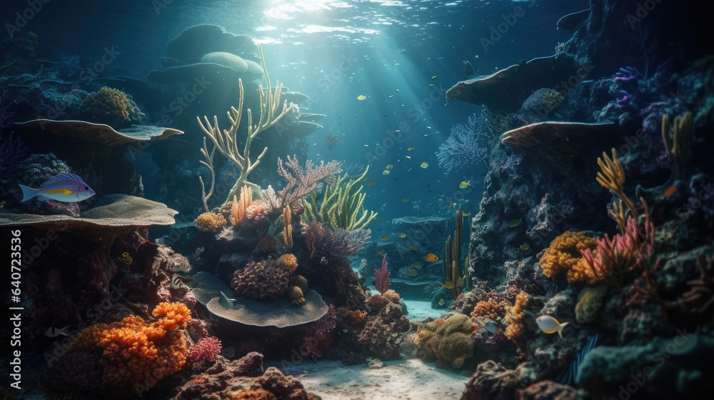 Fototapeta premium Wonderful and beautiful underwater world with corals and tropical fish.