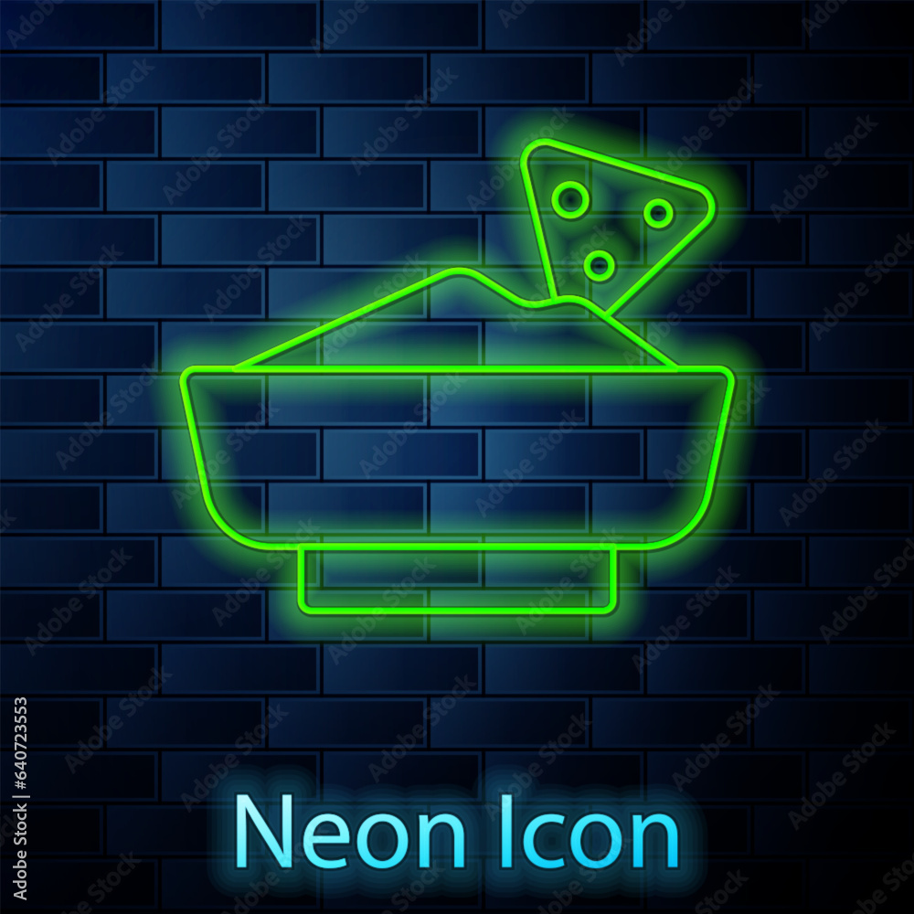 Glowing neon line Nachos in bowl icon isolated on brick wall background. Tortilla chips or nachos tortillas. Traditional mexican fast food menu. Vector Glowing neon line Nachos in bowl icon isolated on brick wall background. Tortilla chips or nachos tortillas. Traditional mexican fast food menu. Vector
