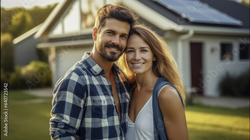 Happy young couple standing in front of new home, Buying new house, Real estate investment and housing architecture concept.